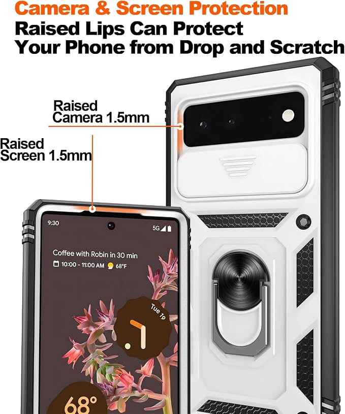 Gritup for Phone Case Pixel 6: Google Pixel 6 Case with 2*Screen Protector | Magnetic Stand & Slide Camera Cover | Shock Proof Military-Grade Funda para Pixel-6 Cover, White+Black - Image 4