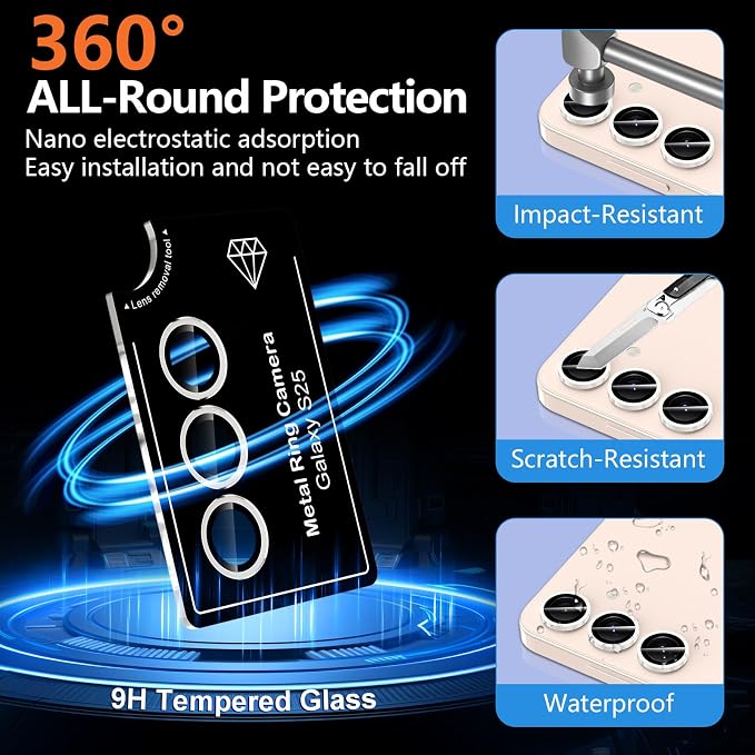 for Samsung Galaxy S25 Camera Lens Protector, Individual Metal Ring Tempered Glass Lens Cover, [Strong Adsorption] Scratch Resistant Ultra-Thin HD Clear Lens Cover, 1 Set-White Shine - Image 4