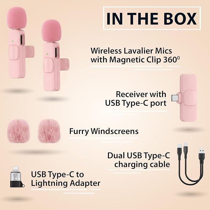 Wireless Lavalier Microphone for iPhone & Android, 2 Pack Pink Mini Mic, USB-C/Lightning Clip-On Microphone, AI Noise Cancellation, 70FT Range for TikTok YouTube Podcast Vlog - Image 3
