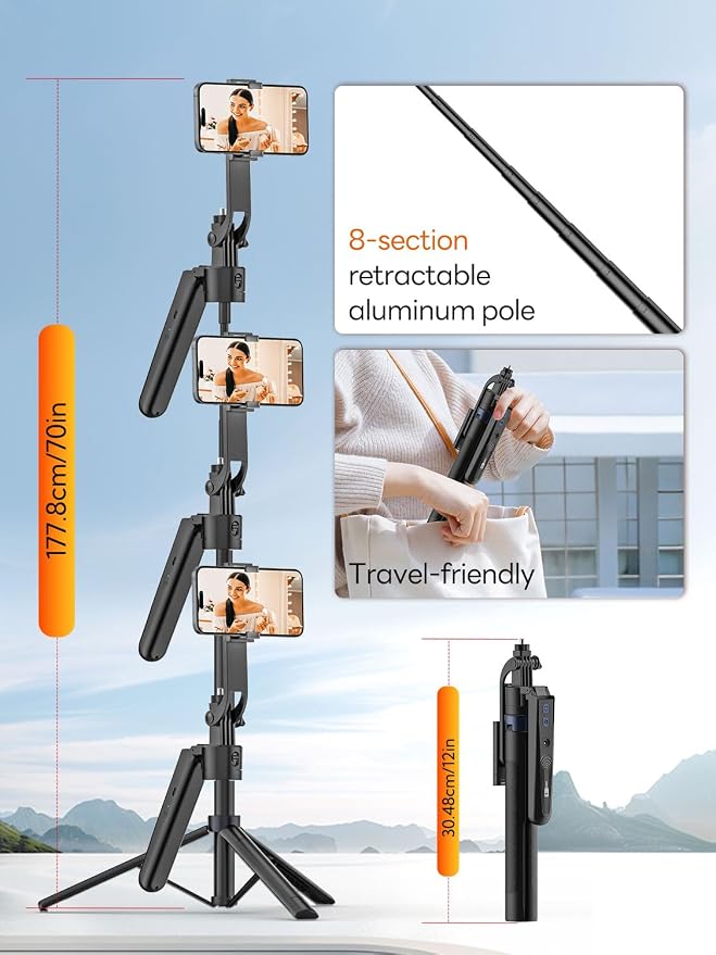 70" Auto Face Tracking Phone Tripod for iPhone w/Remote UTK-01 | For iPhone & Android, 360° Rotation, No App Needed, Remote Control, Gesture Control, Extendable Selfie Stick,1/4"Screw Mount - Image 7