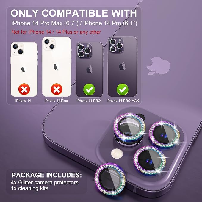 Choiche for iPhone 14 Pro/iPhone 14 Pro Max Camera Lens Protector | Ultra HD, Bling 9H Tempered Glass Camera Cover Screen Protector Metal Ring Decoration Accessories (Diamond-Colorful) - Image 2