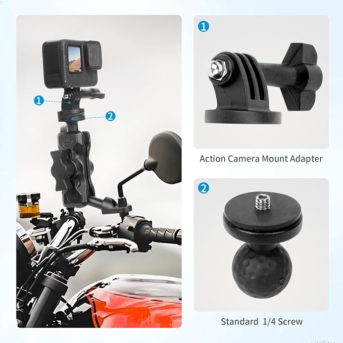 Bike Motorcycle Camera Mount Bundle Kit, 1/4 Screw & Tripod Mount Adapter, 360°Swiveling Ball Head Base -Rotating Ball Head Clamp Arm for lnsta36o X5/X4/X3/X2, Rearview Mirror(0.39“) 75014 - Image 2