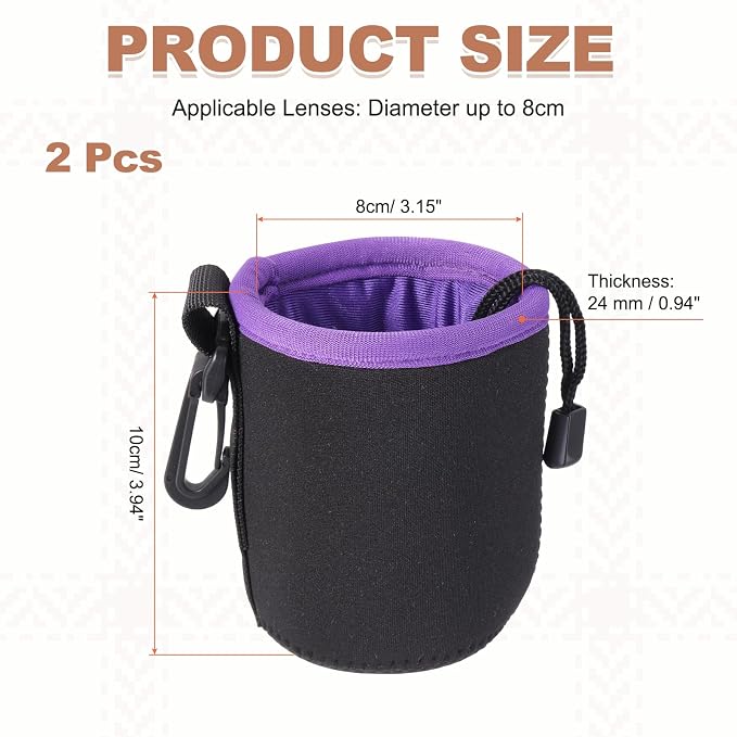 PATIKIL 2 Pcs Camera Lens Pouch, 3" ID x 4" H Drawstring Orange Interior Lens Pouch Protective Camera Lens Case Bag Soft Plush Neoprene Bag for DSLR Photography Gear, Black/Purple - Image 2