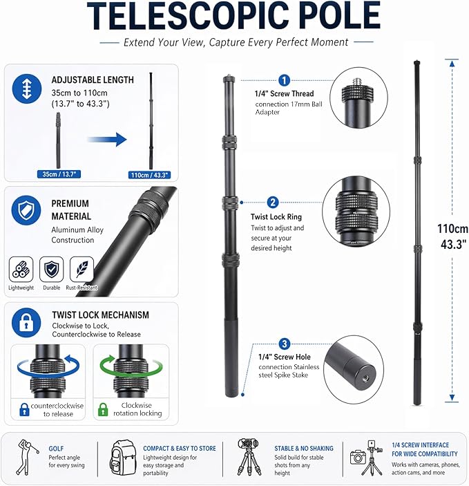 Ground Golf Monopod Phone Stand with Stainless Steel Spike | 46" Metal Extendable Pole, Phone Holder with Power Bank Straps, Golf Swing Video Recording for MagSafe & Smartphones - Image 3