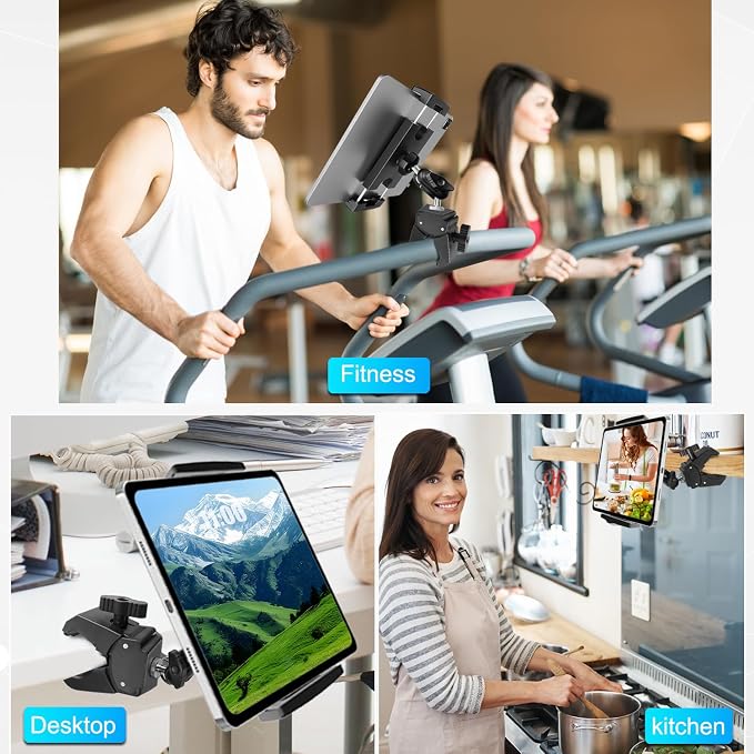 Mic Stand Tablet Holder, 360° Swivel iPad Mic Stand Holder Phone iPad Holder for Mic Stand/ Treadmill/ Spin Bike/ Peloton Exercise Bike Handlebar Mount, Fits 4-12.9" iPad, iPhone, Android Smartphones - Image 7