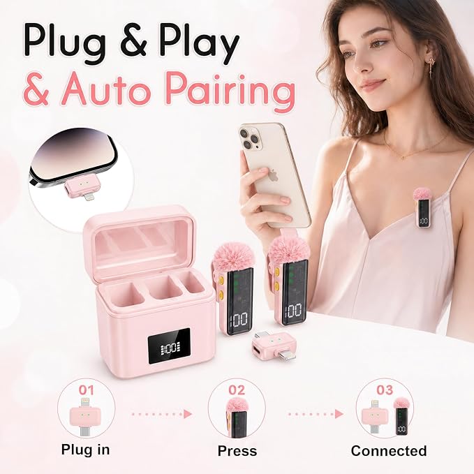 2 Mini Wireless Microphones for iPhone/Android, AI Noise Reduction | Plug & Play, 20H Battery with Charging Case, Portable Clip-On Lavalier Mic for Content Creators, Podcast, Streaming, Vlogging - Image 3