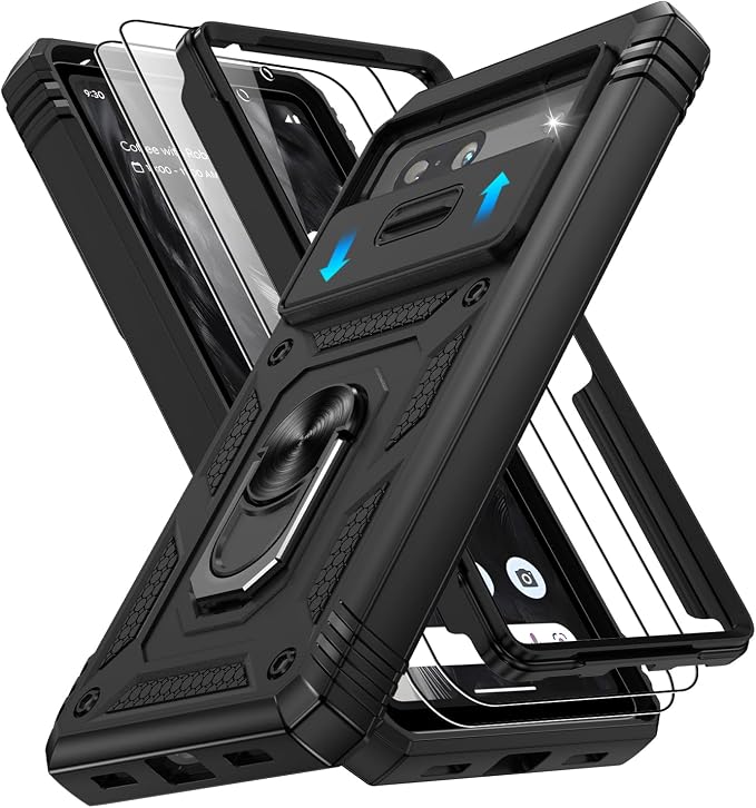 for Google Pixel 7A Case with Slide Camera Cover & Screen Protector*2, Pixel 7A Case Build in 360° Rotating Ring Kickstand, Military Grade Protective Case for Google Pixel 7A Phone Case, Black by Gritup