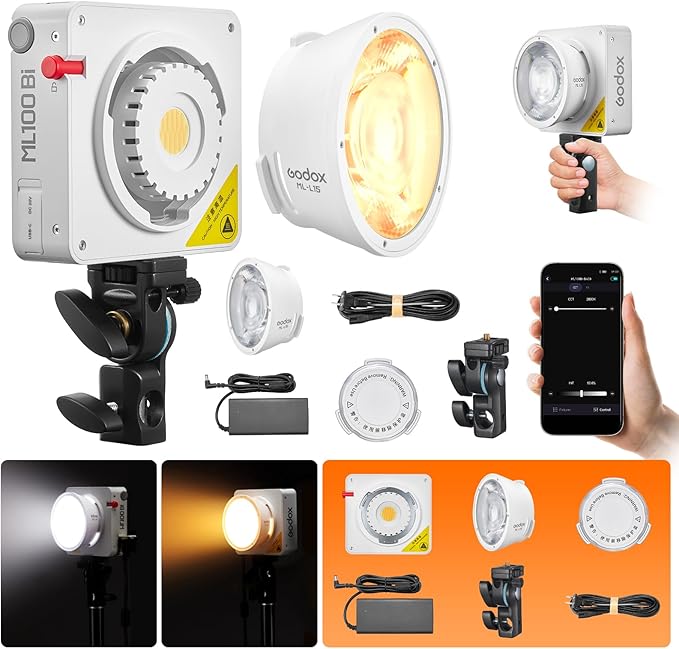Godox ML100Bi 120W Portable LED Video Light 34300 Lux CRI 96+/TLCI 97+ | ML100 Bi Color COB LED Video Light 2800K-6500K 11 FX Effects for Filming Live Streaming Studio Photography by GODOX