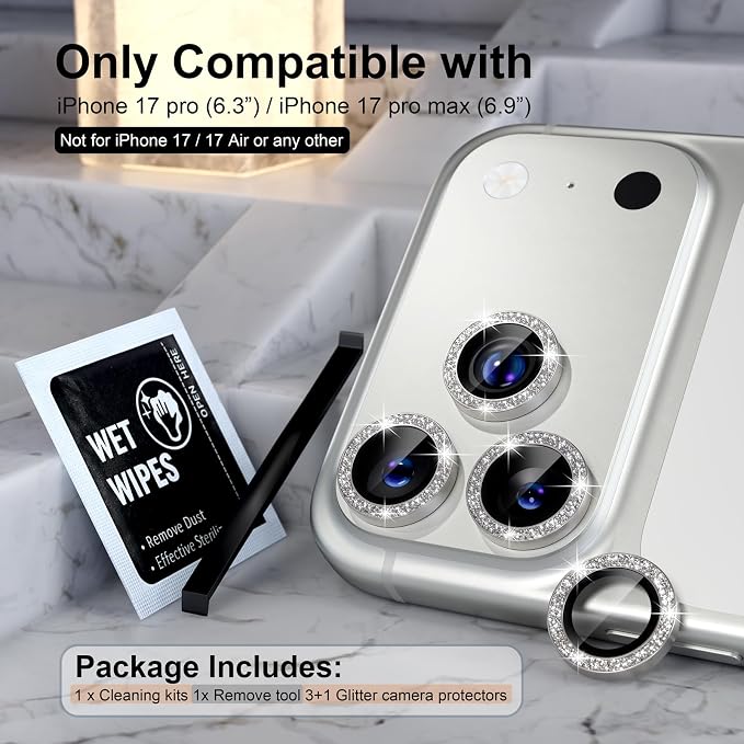 Choiche for iPhone 17 Pro/iPhone 17 Pro Max Camera Lens Protector | Ultra HD, Bling 9H Tempered Glass Camera Cover Screen Protector Metal Ring Decoration Accessories (Glitter-Titanium Natural) - Image 2