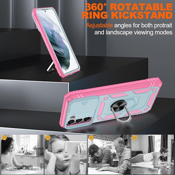 Gritup for Galaxy S21 Phone Case Military-Grade Shockproof with Kickstand | with 2 PCS Screen Protector, Slide Camera Cover, Heavy Duty Outdoor Protection Funda para Galaxy S 21 Cover-Green+Pink - Image 8
