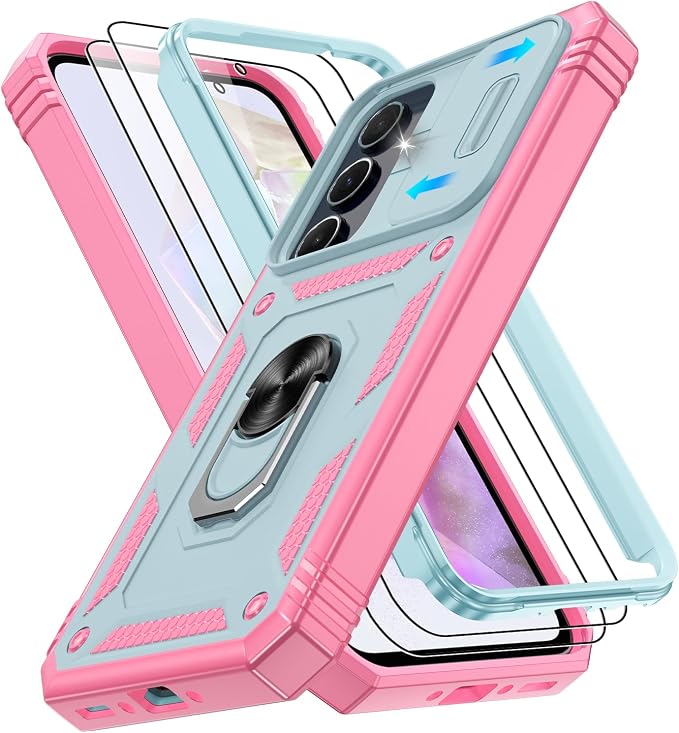 Gritup for Galaxy A35 5G Case Military-Grade Shockproof with Kickstand | with 2 PCS Screen Protector, Slide Camera Cover, Heavy Duty Outdoor Protection Funda para A 35 Phone Cover, Green+Pink by Gritup