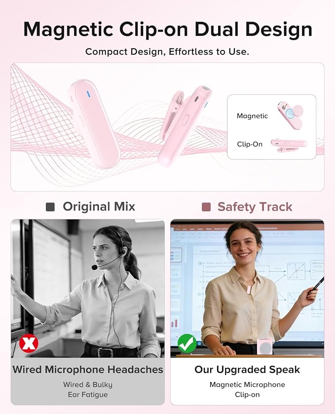 Voice Amplifier for Teachers with 2 Magnetic Lavalier Mics, Pink | Bluetooth Portable Rechargeable Speaker for Classroom, Meetings, Tour Guide Speeches, Public Speaking, Coaches, PA System - Image 4
