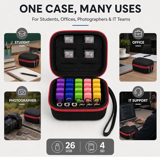 Comecase USB Flash Drive Case, Holds 26 USB Drives and 4 SD Cards | Pre-Cut Foam Fits Mixed USB Drives; EVA Shell, Holds 26 USB & 4 SD Cards, Black+Red Zipper, Small, Case Only - Image 8