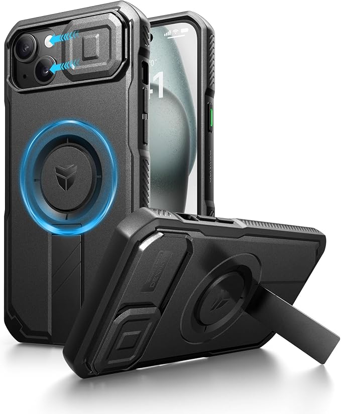 Dexnor for iPhone 14 Pus/15 Plus Case with Slide Camera Cover & Adjustable Kickstand, Compatible with MagSafe, Rugged Shockproof Bumper Cases Heavy-Duty Magnetic Protective Cover,6.7 inch,Black by Dexnor