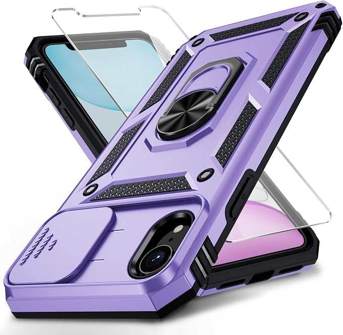 for iPhone XR Case with Camera Lens Cover, HD Screen Protector, 10 FT Military Grade Drop Protection, Magnetic Ring Holder Kickstand Protective Phone Case, Lavender by Weycolor