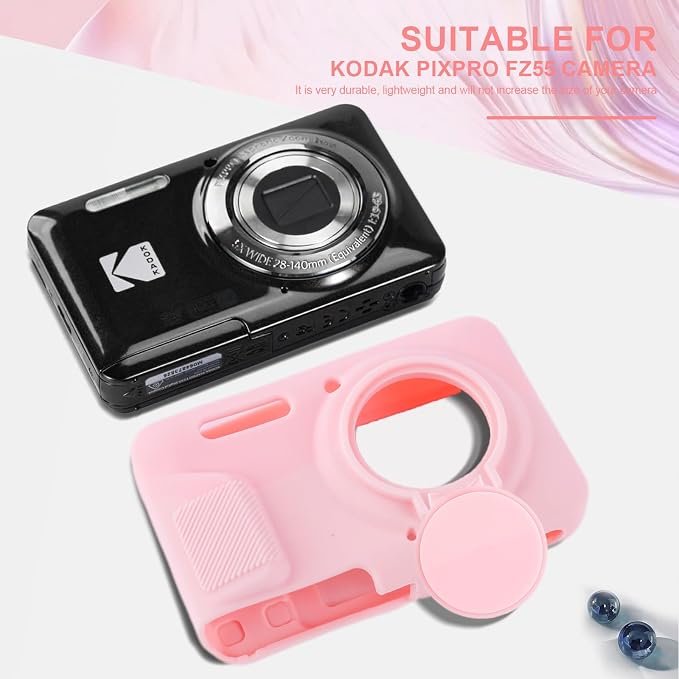 Camera Case for Kodak PIXPRO FZ55 with 2-Pack Screen Protector | Cute Charm Wrist Strap, Soft Silicone Protective Case with Removable Lens Cap for Kodak FZ55 Accessories - Two-Tone Pink - Image 7