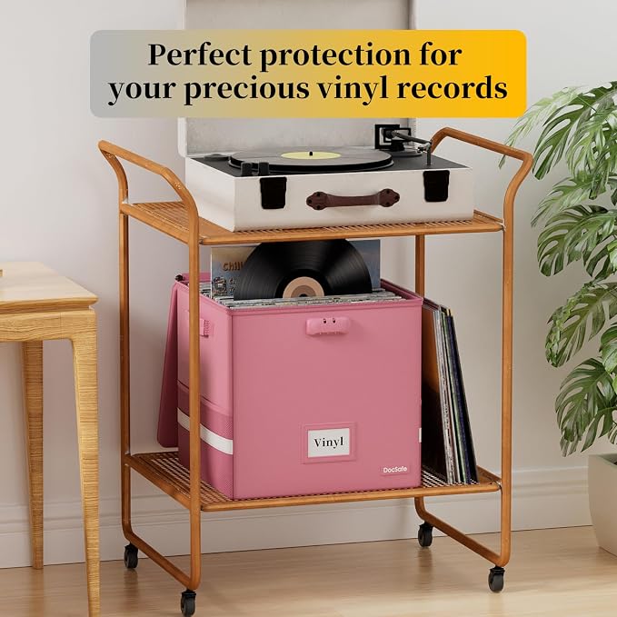DocSafe Vinyl Record Storage Box with Lock, Fireproof＆Water Resistant Record Organizer for 100+ Single Records(12-inch), Collapsible Storage Crate with Lid&Handles for Valuable Album Collection,Pink - Image 8
