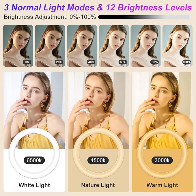 STALLY 12.3" Ring Light with Stand, 75" Tripod and Desk Tripod, 2 Holders | Ring Light Tripod with 3 CCT Mode, 96 Color Modes, Wireless Remote, Great Selfie Light for Live Stream/Makeup/YouTube/TikTok - Image 2