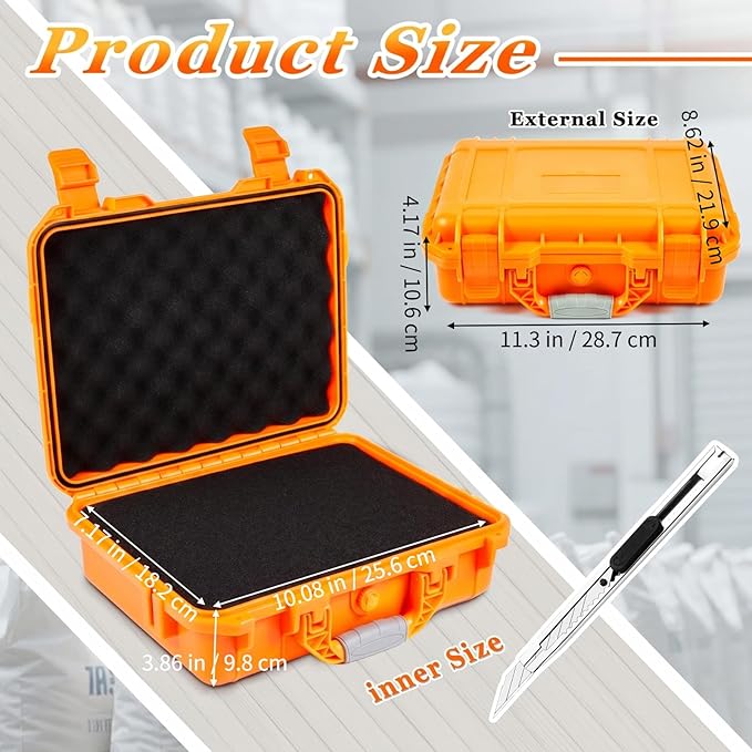 Relaxweex 1 Pcs Waterproof Hard Case with DIY Customizable Foam Insert Portable Protective Case with Knife for Camera Drones Equipments Tools Test Instruments(Orange,11.3 x 8.7 x 4.2 Inch) - Image 2