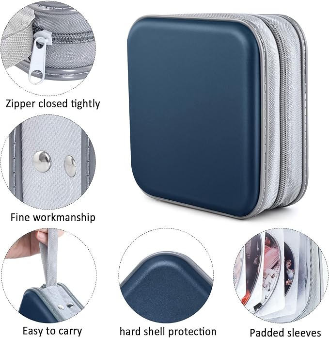 CD/DVD Case Wallet, 48 Capacity, Dark Blue, Portable, Lightweight, Durable Plastic and Non-Woven Fabric Material | Zipper‑DVD Organizer, Scratch‑Resistant Sleeves Shield Discs From Dust & Damp; Stores Music, Video, Gaming & Blu‑ray Discs - Image 2