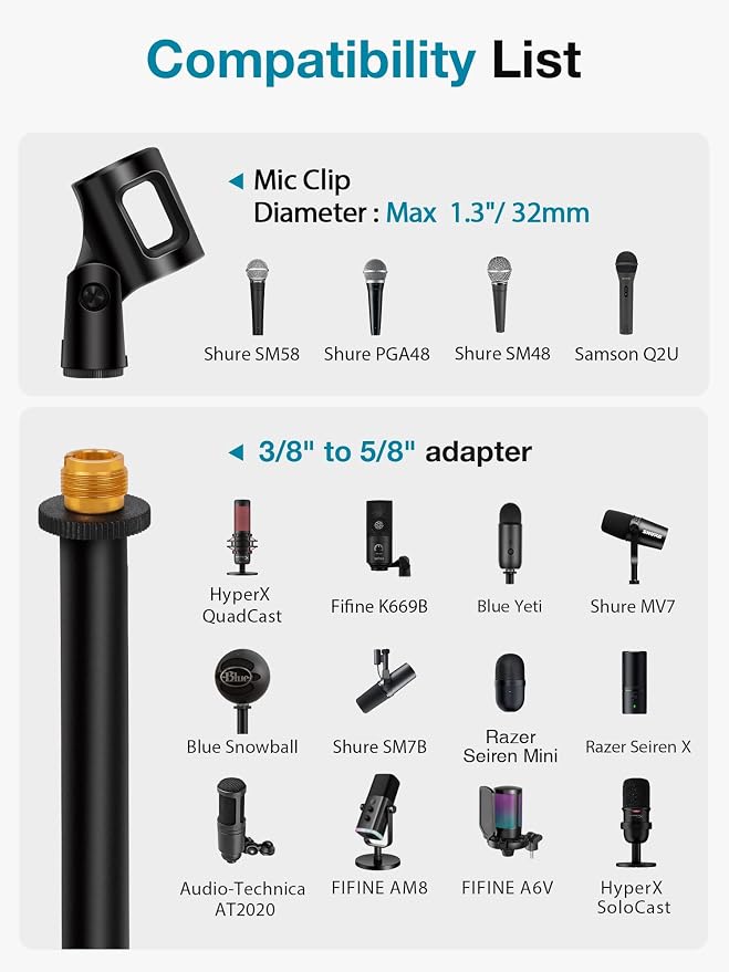 InnoGear 2 Set Desktop Microphone Stand Mic Stand Desk Mount for Fifine | for Shure Blue Yeti, All-Metal Construction, Weighted Iron Base, Height Adjustable, 3.3lb Weight Capacity - Image 5