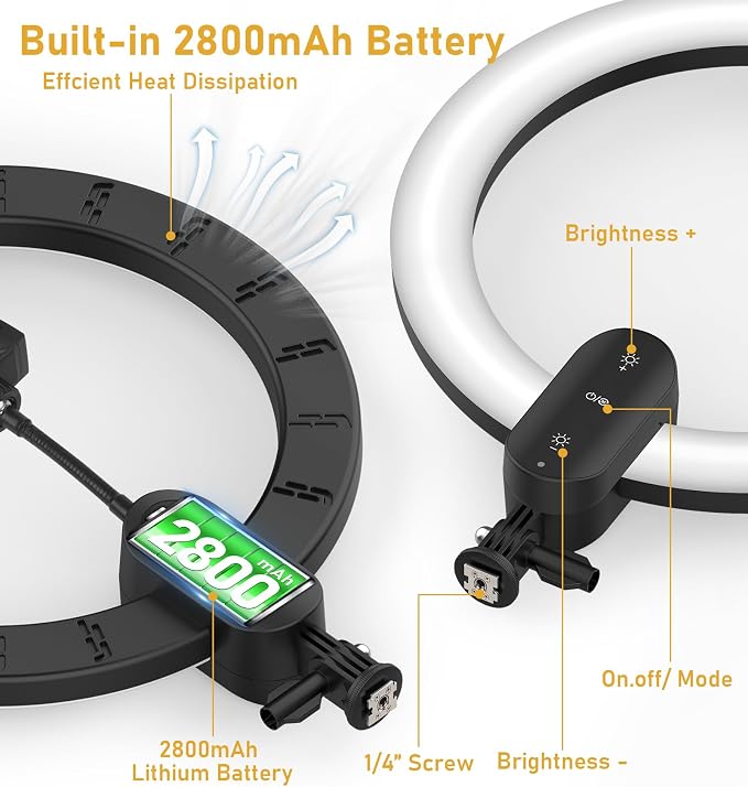 12 inch LED Circle Selfie Ring Light with 63" Tripod Stand 2800mAh - Image 2