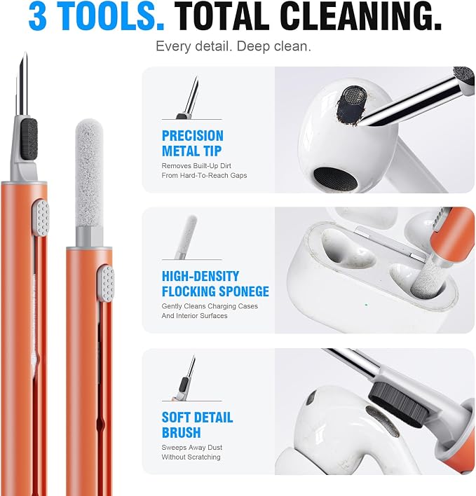 Hyashee Cleaner Kit for Airpods Pro 1 2 3 Multi-Function Cleaning Pen with Soft Brush Flocking Sponge for Bluetooth Earphones Case Cleaning Tools (Orange) - Image 5