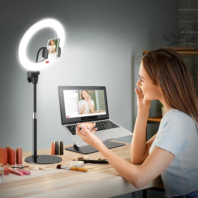 10'' Desk Ring Light with Stand – Zoom Lighting with Phone Holder for Computer・Video Calls・Conference – CRI95 LED Adjustable Circle Light, 10'' Large Lamp Head, Content Creator Friendly by Evershop