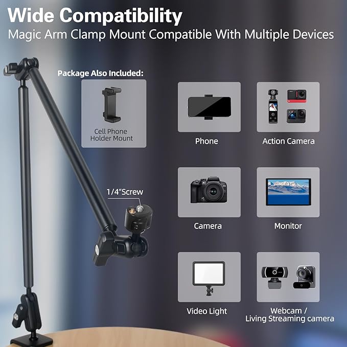 Desktop Clamp Magic Arm 33.84" Kit for Phone,DSRL Two-Stage Adjustable Flexible Arm, Overhead Camera Mount, Desk Phone Mount for Webcam, Action Camera, Mic,Video Light - Image 5