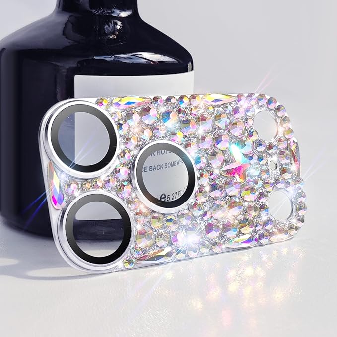 Bling Diamond Camera Lens Protector Compatible with iPhone 17 Pro, Metal Glitter Gem Camera Cover，9H Tempered Glass lens full Screen Sparkle Rhinestone Protector by Cavdycidy
