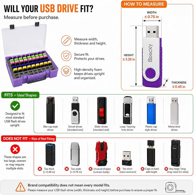 FULLCASE USB Flash Drive Case for SanDisk,for Samsung,for PNY,104-Slot | Hard Plastic Thumb Drive Organizer,for Lexar,for JOIOT,for SamData,for SIMMAX,Dual-size Removable Foam,Case Only Purple - Image 2