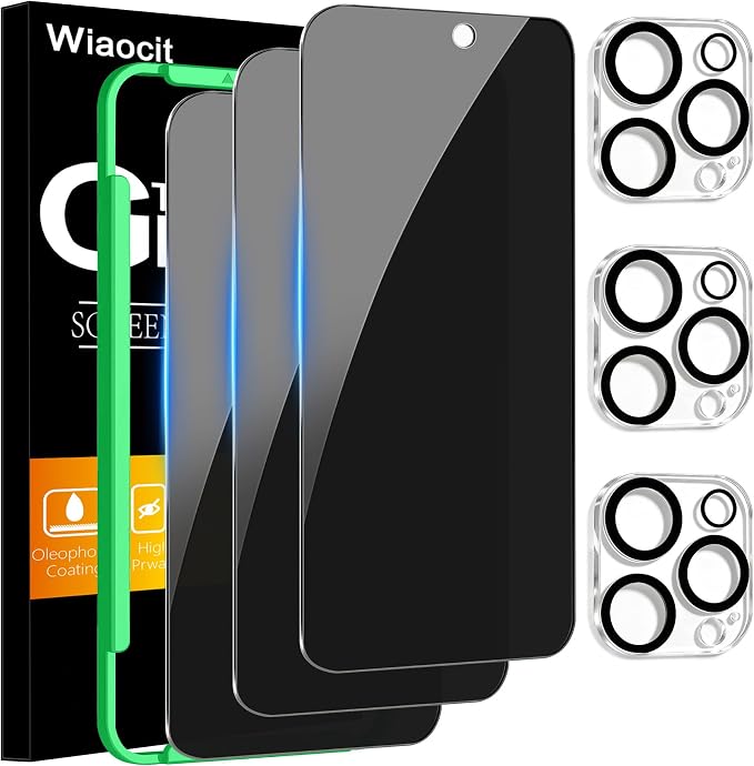 Wiaocit Tempered Glass Privacy Screen Protector for iPhone 15 Pro Max | 3+3 Pack, 9H Hardness, Camera Lens Protector, Installation Frame, Bubble Free, Case Friendly by Wiaocit