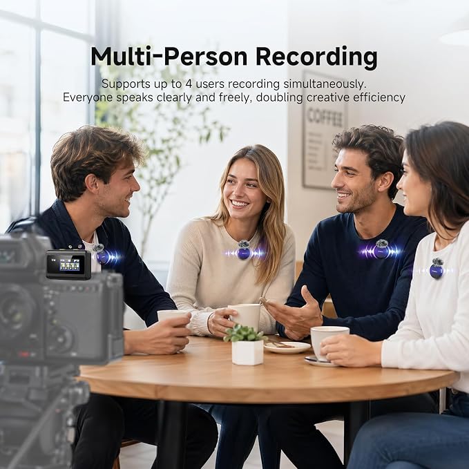 SVMic 5 4-Person Wireless Lavalier Microphones Systems with Charging Case | for Group Videos, 48kHz/24bit AI Noise Reduction, Safe Track Dual Recording, Smart Display,48H Battery - Image 2
