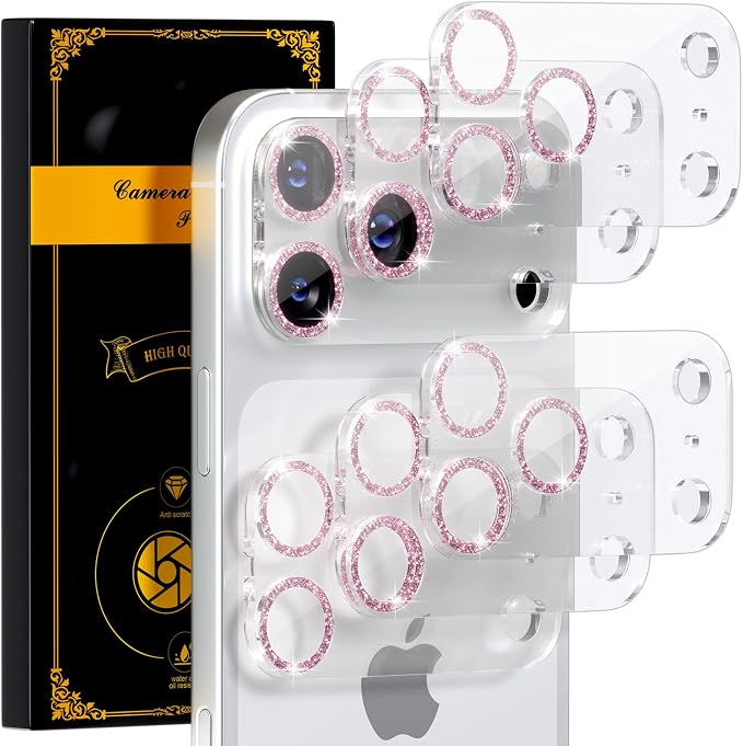 for 6 Pack iPhone 17 Pro Max Camera Lens Protectors, Glitter Pink | [Drop Protection] [Case Friendly] [Easy Installation] 9H Tempered Glass Camera Screen Protector Cover Accessories 6.9-inch by Beuxece