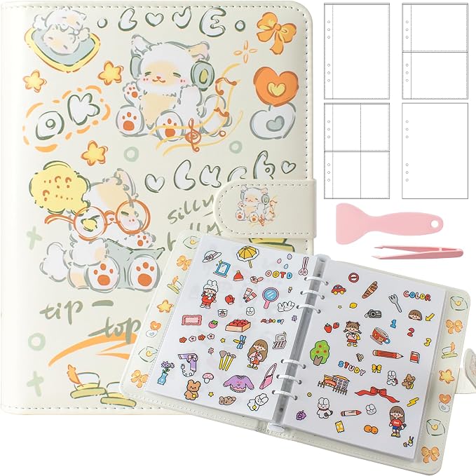 Reusable Sticker Book Collecting,A5 Binder Album Storage Organizer with Blank Release Paper and Pocket for Adult Kids,Cartoon Leather Binder Cover & Magnetic Buckle Closure(Beige) by BUYNOW