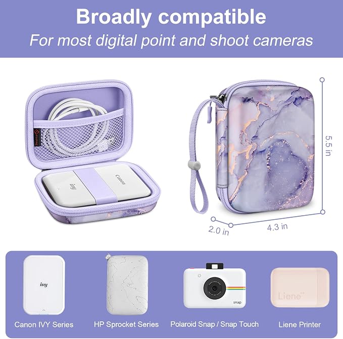 FINTIE Protective Case for Canon Ivy 2 Mini, CLIQ2 & CLIQ+2 Photo Printer | Shockproof Hard Shell Carrying Case, With Wrist Strap, Pocket Camera Storage, Charger Cable Organizer, Lilac Marble - Image 2