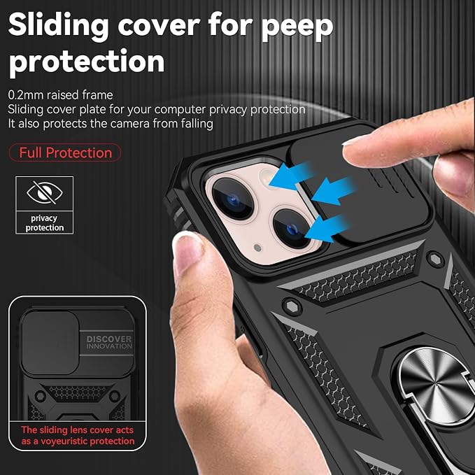 HNHYGETE for iPhone 13 Case with HD Screen Protector: [Military Grade 20ft. Drop Tested] Slide Camera Cover Ring Shockproof Protective Phone Case for - iPhone 13 (Black) - Image 4