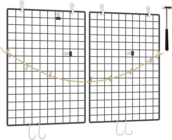 C&AHOME Photo Wall Display Set of 2, Wall Grid Panel, 17.7" x 25.6", Black | Photo Display Shelves, Wall Storagae Organizer, Grid Panel, Hooks, Clips, Hemp Cord, Hammer - Image 7