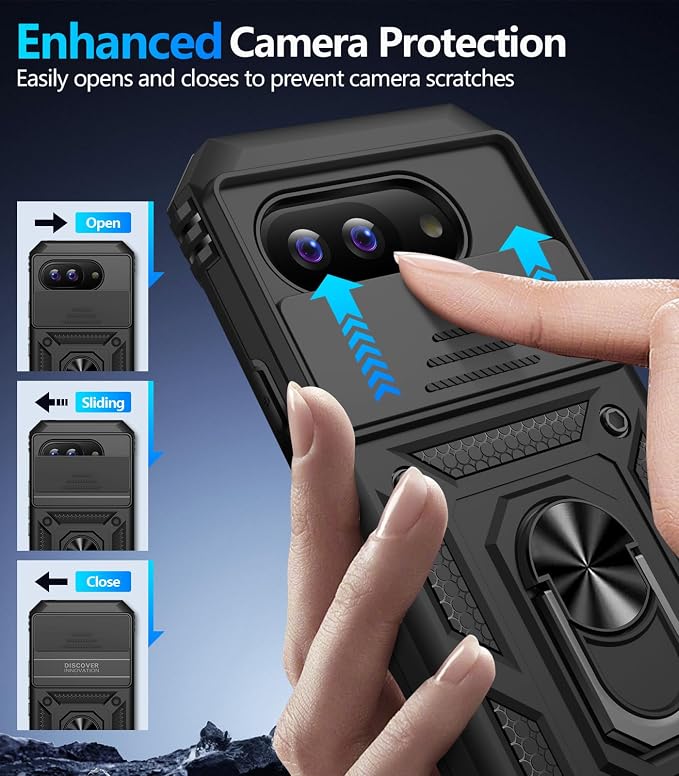 Taisairu for Google Pixel 9A Case with Screen Protector & Slide Camera Lens Cover, Built-in 360°Rotate Magnetic Ring Stand Shockproof Protective Phone Case for Google Pixel 9A Case (Black) - Image 6