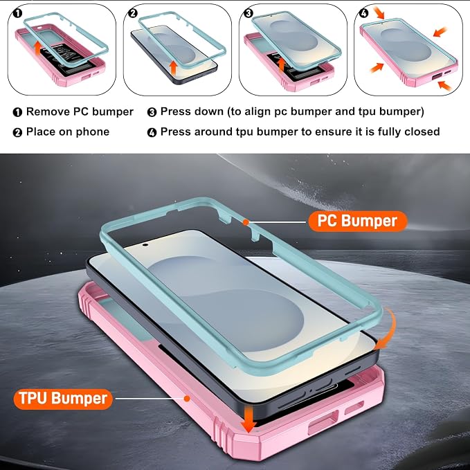 Gritup Fit for Samsung Galaxy S25 Plus Phone Case with Slide Camera Cover | 2 Pack Screen Protector, Build in 360° Rotating Ring Kickstand, Military Grade Shockproof Protective Phone Case, Green+Pink - Image 4