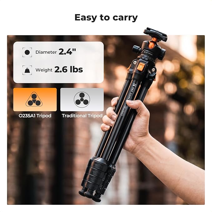 K&F CONCEPT 63" Aluminum Travel Tripod for Camera | Lightweight Compact Tripod Weighs 2.6lb, Max Load 22lb for Camera DSLR Mirrorless Camcorders Phone, O235A1+BH-40 - Image 2