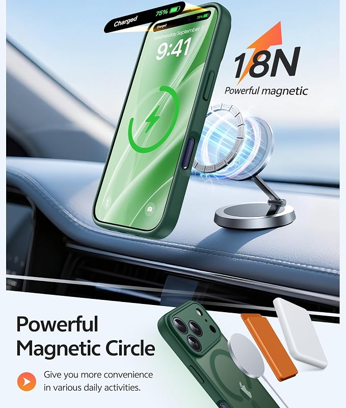 FNTCASE for iPhone 17 Pro Max Case, Fit for Magsafe, Screen Protector Green | Full Camera Protection, Translucent Matte, 14FT Military Grade Drop Proof, Shockproof Protective Phone Cover, Green - Image 3