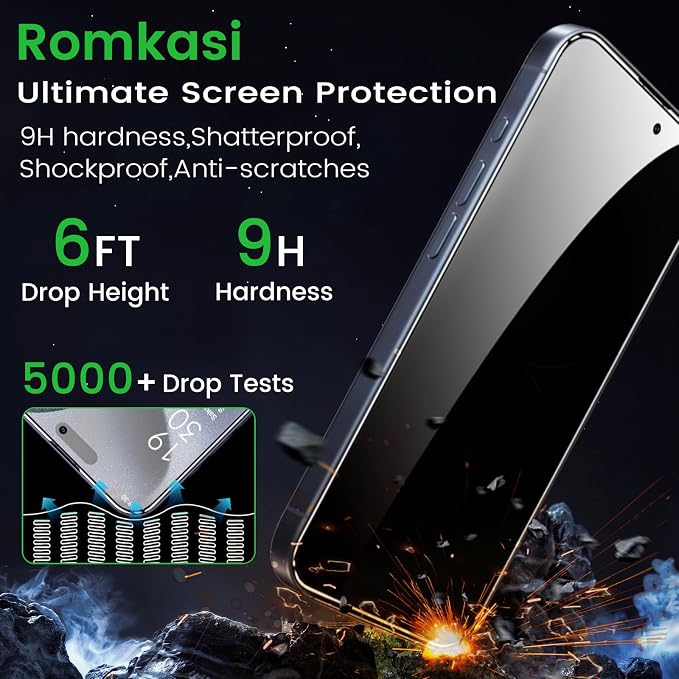 Romkasi 4 Pack Privacy Screen Protector for iPhone 15 Pro 6.1 Inch with 4 Pack Camera Lens Protector, Anti Spy Tempered Glass Film, Anti-Scratch, Touch Sensitive, Case Friendly - Image 4