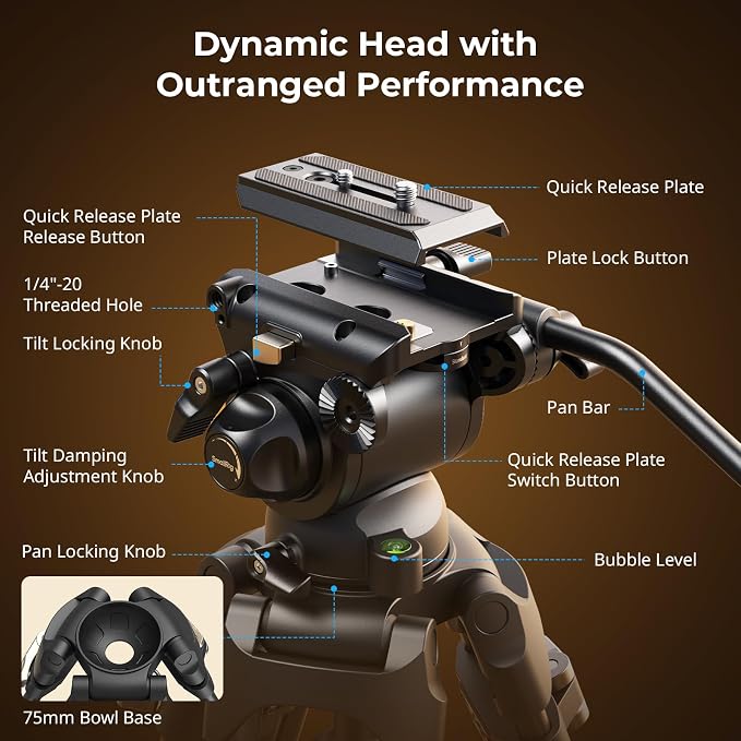SmallRig AD-01S Video Tripod, 74" Heavy Duty Tripod with Pan and Tilt Fluid Head, Dual-Mode Quick Release Plate, Load up to 13.2lb / 6kg for DSLR, Camcorder, Cameras - Image 5