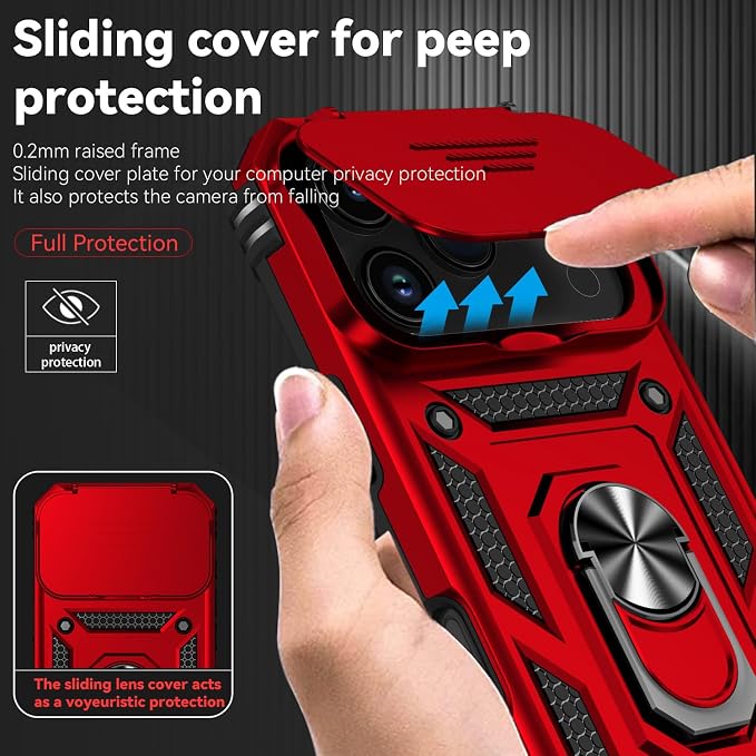 SunStory Phone Case for iPhone 17 Pro Case with HD Screen Protector & Slide Camera Cover & Rotated Ring Kickstand, [Military-Grade] Phone Case for iPhone 17 Pro, Red - Image 3
