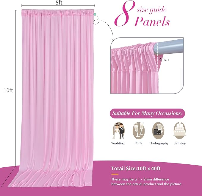 40 ft x 10 ft Wrinkle Free Baby Pink Backdrop Curtain for Parties, 8 Panels 5ftx10ft Polyester Photo Backdrop Drapes for Baby Shower Birthday Party Photography Wedding Backdrop Stand - Image 5
