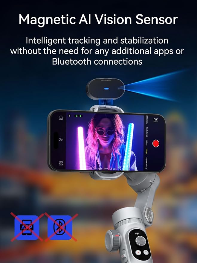 AOCHUAN 3-Axis Phone Gimbal, Gimbal Stabilizer for iPhone w/AI Vision Sensor, Portable for iPhone/Andriod, Phone Stabilizer Built in Fill Light Perfect for TikTok YouTube-Smart XPro AI Grey - Image 2