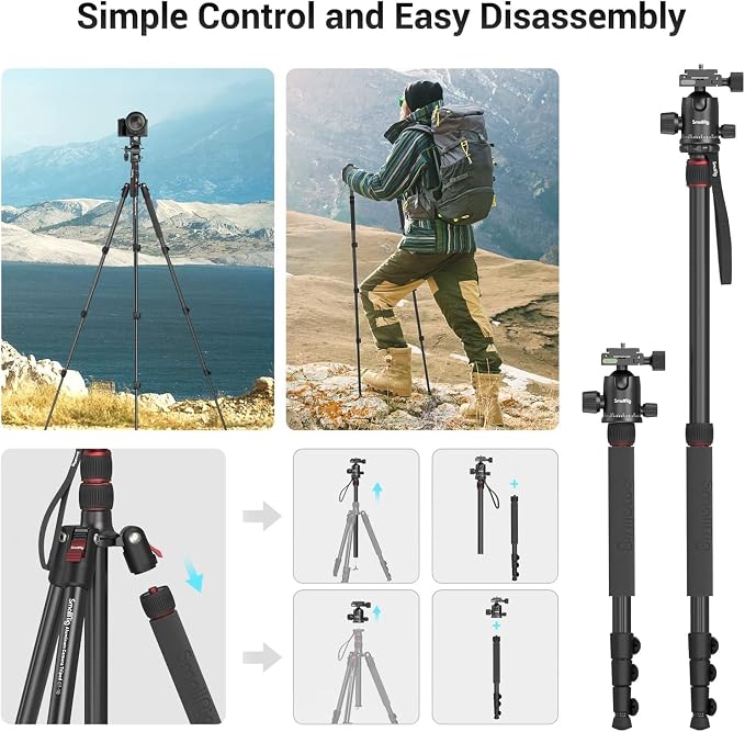 SmallRig CT-20 Camera Tripod, 78.7" Foldable Aluminum Tripod & Monopod, 360°Ball Head Detachable, Payload 33lb (200cm/78.7") - Image 6