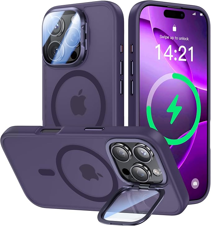 VOFATA [Upgraded] for iPhone 16 Pro Case with Camera Cover Stand [Fit for MagSafe][9H Camera Lens Protector] Mil-Grade Protection Translucent Matte Magnetic iPhone 16 Pro Phone Case, Purple by VOFATA