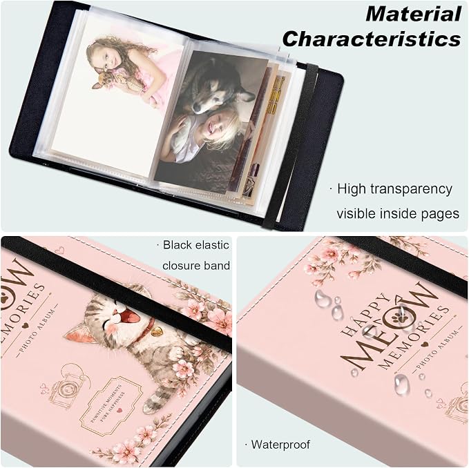 DEGDFSGR 4x6 Small Photo Album, 60 Pockets Holds 120 Photos | Slip-in pockets, black elastic band, portable for family, wedding, baby, travel photos, Pastel Pink Cherry Blossom Cat - Image 5